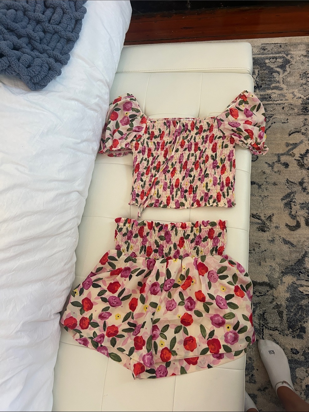 TCEC Pink Floral Smocked Puff-Sleeve Top & Shorts Set